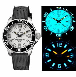 ALPHA MARINE 500 TRITIUM TUBES T-100 SWISS AUTOMATIC WHITE DIAL BGW9 WHITE / BLUE - BEZEL LUME BGW9 - NATRUAL RUBBER STRAP