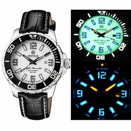 ALPHA MARINE 500 TRITIUM TUBES T-100 SWISS AUTOMATIC WHITE DIAL C3 WHITE / GREEN - BEZEL LUME C3 - LEATHER STRAP