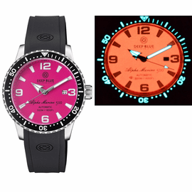 ALPHA MARINE AUTOMATIC BLACK CERAMIC BEZEL FULL LUME CHERRY  RED DIAL STRAP
