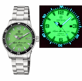 ALPHA MARINE AUTOMATIC BLACK CERAMIC BEZEL FULL LUME GREEN DIAL BRACELET