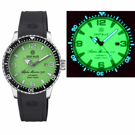 ALPHA MARINE AUTOMATIC BLACK CERAMIC BEZEL FULL LUME GREEN DIAL STRAP