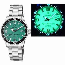 ALPHA MARINE AUTOMATIC BLACK CERAMIC BEZEL FULL LUME JADE BLUE  DIAL BRACELET