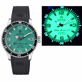 ALPHA MARINE AUTOMATIC BLACK CERAMIC BEZEL FULL LUME JADE BLUE DIAL STRAP