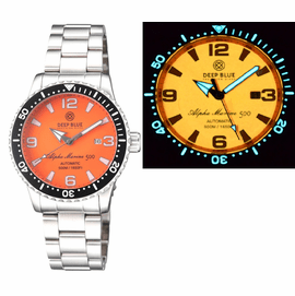 ALPHA MARINE AUTOMATIC BLACK CERAMIC BEZEL FULL LUME ORANGE DIAL BRACELET