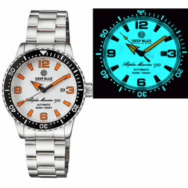 ALPHA MARINE AUTOMATIC BLACK CERAMIC BEZEL FULL LUME WHITE/ORANGE DIAL BRACELET
