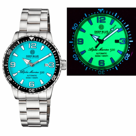 ALPHA MARINE AUTOMATIC BLACK WHITE CERAMIC LUMINOUS BEZEL FULL LUME TEAL ICE BLUE DIAL