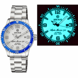 ALPHA MARINE AUTOMATIC BLUE WHITE CERAMIC LUMINOUS BEZEL FULL LUME WHITE DIAL