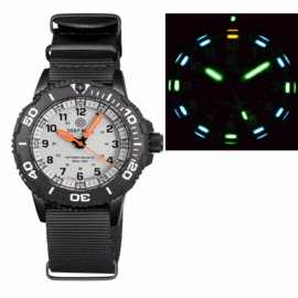 "CYBER MONDAY PRICING"DAYNIGHT 43MM DIVER SOLAR POWERED PC TRITIUM WATCH- BLACK/WHITE BEZEL - WHITE DIAL  3 COLOR TRITIUM TUBES ORANGE HANDS  STRAP