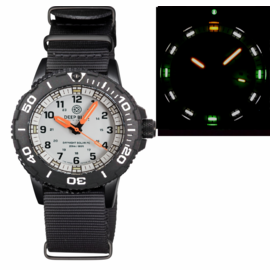 DAYNIGHT 43MM DIVER SOLAR POWERED PC TRITIUM WATCH- BLACK/WHITE BEZEL - WHITE DIAL ORANGE HANDS 3 COLOR WHITE GREEN ORANGE TRITIUM TUBES – STRAP