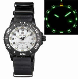 DAYNIGHT 43MM DIVER SOLAR POWERED PC TRITIUM WATCH- BLACK/WHITE BEZEL - WHITE DIAL - WHITE HANDS GREEN/ORANGE TRITIUM TUBES BLACK HANDS – STRAP