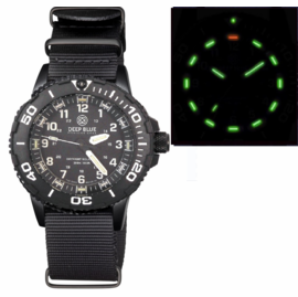 DAYNIGHT 43MM DIVER SOLAR POWERED PC TRITIUM WATCH- BLACK/WHITE BEZEL - BLACK DIAL- WHITE HANDS - WHITE NUMBERS GREEN/ORANGE TRITIUM TUBES – STRAP
