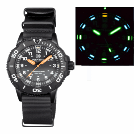 DAYNIGHT 43MM DIVER SOLAR POWERED PC  TRITIUM WATCH- BLACK WHITE BEZEL - WHITE NUMBERS - ORANGE HANDS 3 COLOR TRITIUM TUBES STRAP