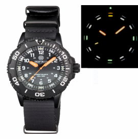 DAYNIGHT 43MM DIVER SOLAR POWERED PC TRITIUM WATCH- BLACK WHITE BEZEL - BLACK DIAL- WHITE NUMBERS - ORANGE HANDS 3 COLOR WOG TRITIUM TUBES STRAP