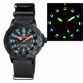 DAYNIGHT 43MM DIVER SOLAR POWERED PC  TRITIUM WATCH- STEALTH BEZEL - WHITE NUMBERS - ORANGE HANDS 3 COLOR TRITIUM TUBES  STRAP