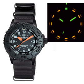 DAYNIGHT 43MM DIVER SOLAR POWERED PC  TRITIUM WATCH- STEALTH BEZEL - WHITE NUMBERS - ORANGE HANDS 2 COLOR TRITIUM TUBES � STRAP