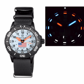 DAYNIGHT 43MM DIVER SOLAR POWERED PC USA TRITIUM WATCH- BLACK/WHITE BEZEL - WHITE DIAL USA FLAG 3 COLOR TRITIUM TUBES ORANGE HANDS   STRAP