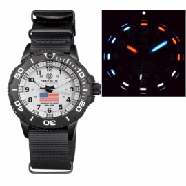 "HOLIDAY PRICING" "DAYNIGHT 43MM DIVER SOLAR POWERED PC USA TRITIUM WATCH- BLACK/WHITE BEZEL - WHITE DIAL USA FLAG 3 COLOR TRITIUM TUBES WHITE HANDS   STRAP