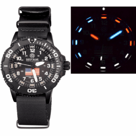 "HOLIDAY PRICING" DAYNIGHT 43MM DIVER SOLAR POWERED PC USA TRITIUM WATCH- BLACK/WHITE BEZEL - WHITE NUMBERS USA FLAG 3 COLOR TRITIUM TUBES  STRAP