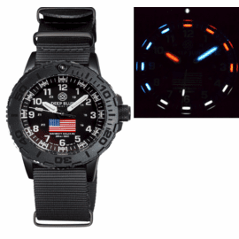 DAYNIGHT 43MM DIVER SOLAR POWERED PC USA TRITIUM WATCH - STEALTH BEZEL WHITE NUMBERS USA FLAG 3 COLOR TRITIUM TUBES  STRAP