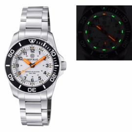 DAYNIGHT 43MM DIVER SOLAR POWERED STAINLESS STEEL CASE TRITIUM WATCH - BLACK WHITE BEZEL � WHITE DIAL - ORANGE HANDS  BRACELET