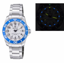 DAYNIGHT 43MM DIVER SOLAR POWERED STAINLESS STEEL CASE TRITIUM WATCH - LIGHT BLUE BEZEL –WHITE DIAL BRACELET