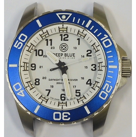 DAYNIGHT 43MM DIVER SOLAR POWERED STAINLESS STEEL CASE TRITIUM WATCH - LIGHT BLUE BEZEL �WHITE DIAL STRAP