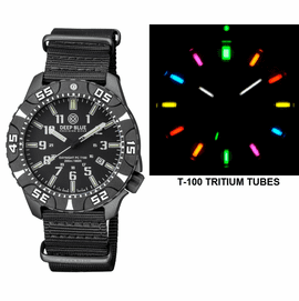 "HOLIDAY PRICING"DAYNIGHT DIVER PC TRITIUM AUTOMATIC WATCH- BLACK/WHITE BEZEL - BLACK/WHITE DIAL 7 COLOR TRITIUM TUBES - STRAP