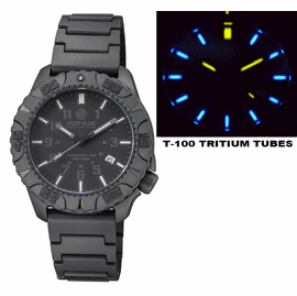 DAYNIGHT DIVER PC TRITIUM AUTOMATIC WATCH STEALTH BEZEL - BLACK STEALTH DIAL BLUE/YELLOW TUBES PU BRACELET