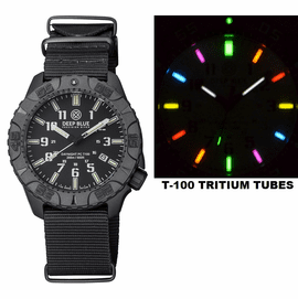 DAYNIGHT DIVER PC TRITIUM AUTOMATIC WATCH- STEALTH BEZEL - BLACK/WHITE DIAL 7 COLOR TRITIUM TUBES - STRAP