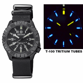 DAYNIGHT DIVER PC TRITIUM AUTOMATIC WATCH STEALTH BEZEL - BLACK/WHITE DIAL BLUE/YELLOW TUBES STRAP