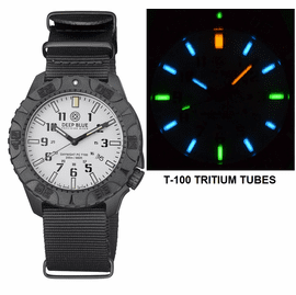 DAYNIGHT DIVER PC TRITIUM AUTOMATIC WATCH- STEALTH BEZEL - WHITE DIAL MULTI COLOR TRITIUM TUBES  STRAP