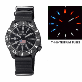DAYNIGHT DIVER PC USA TRITIUM AUTOMATIC WATCH- BLACK- WHITE  BEZEL - WHITE NUMBERS USA FLAG 3 COLOR TRITIUM TUBES  STRAP