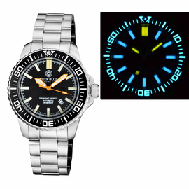 "HOLIDAY PRICING" DAYNIGHT PATRIOT  BLACK CERAMIC BEZEL - BLACK DIAL - ORANGE HANDS - BLUE/YELLOW TUBES BRACELET