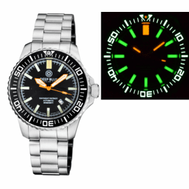 "HOLIDAY PRICING"  DAYNIGHT PATRIOT  BLACK CERAMIC BEZEL - BLACK DIAL - ORANGE HANDS - GREEN/ORANGE TUBES BRACELET