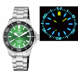 DAYNIGHT PATRIOT  BLACK CERAMIC BEZEL - GREEN DIAL - BLUE/YELLOW TUBES BRACELET