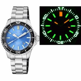 DAYNIGHT PATRIOT  BLACK CERAMIC BEZEL - ICE BLUE DIAL - GREEN/ORANGE TUBES BRACELET