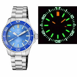 DAYNIGHT PATRIOT  BLUE CERAMIC BEZEL - ICE BLUE DIAL - GREEN/ORANGE TUBES BRACELET