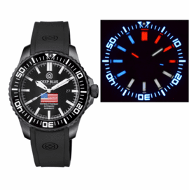 DAYNIGHT PATRIOT USA BLACK PVD CASE BLACK CERAMIC BEZEL - BLACK DIAL USA FLAG RED,WHITE, BLUE TRITIUM TUBES T-100 STRAP or BRACELET