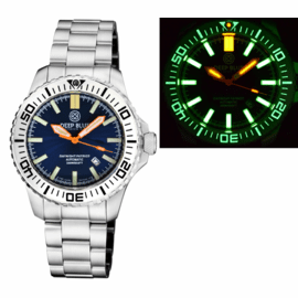 "HOLIDAY PRICING" "  DAYNIGHT PATRIOT  WHITE CERAMIC BEZEL - DARK BLUE DIAL - ORANGE HANDS - GREEN/ORANGE TUBES BRACELET 