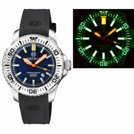 "HOLIDAY PRICING"  DAYNIGHT PATRIOT  WHITE CERAMIC BEZEL - DARK BLUE DIAL - ORANGE HANDS - GREEN/ORANGE TUBES STRAP