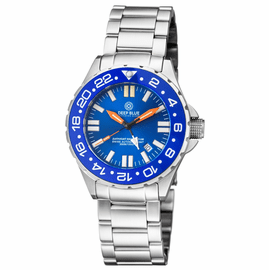 DAYNIGHT RESCUE GMT T-100 SWISS AUTO SELLITA SW-330-1 BLUE BEZEL/BLUE DIAL/ORANGE HANDS - WHITE  GMT HAND