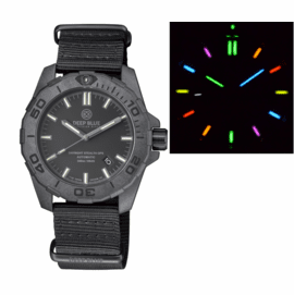  "HOLIDAY PRICING" DAYNIGHT STEALTH OPS CARBON CASE BLACK DIAL 6 COLORS CYLINDRICAL TRITIUM TUBES  AUTOMATIC WATCH SCREW DOWN CROWN
