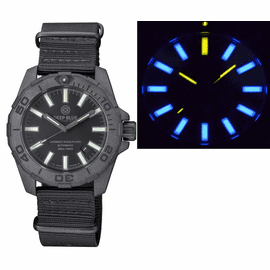 DAYNIGHT STEALTH OPS  CARBON CASE  BLACK DIAL BLUE /YELLOW   FLAT TRITIUM TUBES  AUTOMATIC WATCH SCREW DOWN CROWN
