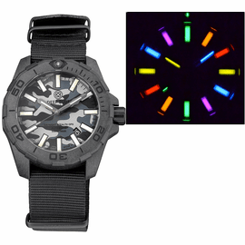 DAYNIGHT STEALTH OPS CARBON CASE BLACK GREY CAMO DIAL 6 COLOR  FLAT TRITIUM TUBES AUTOMATIC WATCH SCREW DOWN CROWN