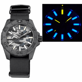 DAYNIGHT STEALTH OPS  CARBON CASE  BLACK GREY CAMO DIAL BLUE /YELLOW   FLAT TRITIUM TUBES  AUTOMATIC WATCH SCREW DOWN CROWN