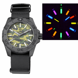 DAYNIGHT STEALTH OPS CARBON CASE GREEN CAMO DIAL 6 COLOR  FLAT TRITIUM TUBES AUTOMATIC WATCH SCREW DOWN CROWN
