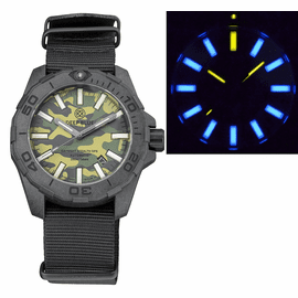 DAYNIGHT STEALTH OPS  CARBON CASE  GREEN CAMO DIAL BLUE /YELLOW   FLAT TRITIUM TUBES  AUTOMATIC WATCH SCREW DOWN CROWN