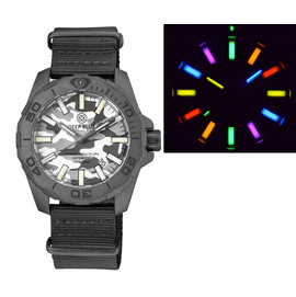 DAYNIGHT STEALTH OPS CARBON CASE WHITE GREY CAMO DIAL 6 COLOR FLAT TRITIUM TUBES AUTOMATIC WATCH SCREW DOWN CROWN