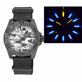 DAYNIGHT STEALTH OPS  CARBON CASE  WHITE GREY CAMO DIAL BLUE /YELLOW   FLAT TRITIUM TUBES  AUTOMATIC WATCH SCREW DOWN CROWN