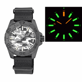  DAYNIGHT STEALTH OPS CARBON CASE WHITE GREY CAMO DIAL GREEN/ORANGE FLAT TRITIUM TUBES  AUTOMATIC WATCH SCREW DOWN CROWN
